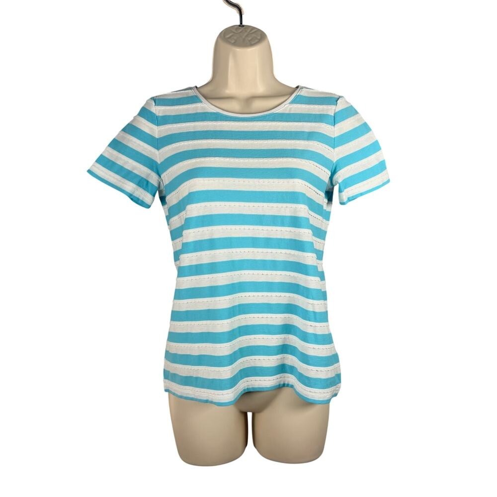 Talbots Top Womens P‎ Petite Turquoise Stripe Scalloped Trim Cotton Short Sleeve